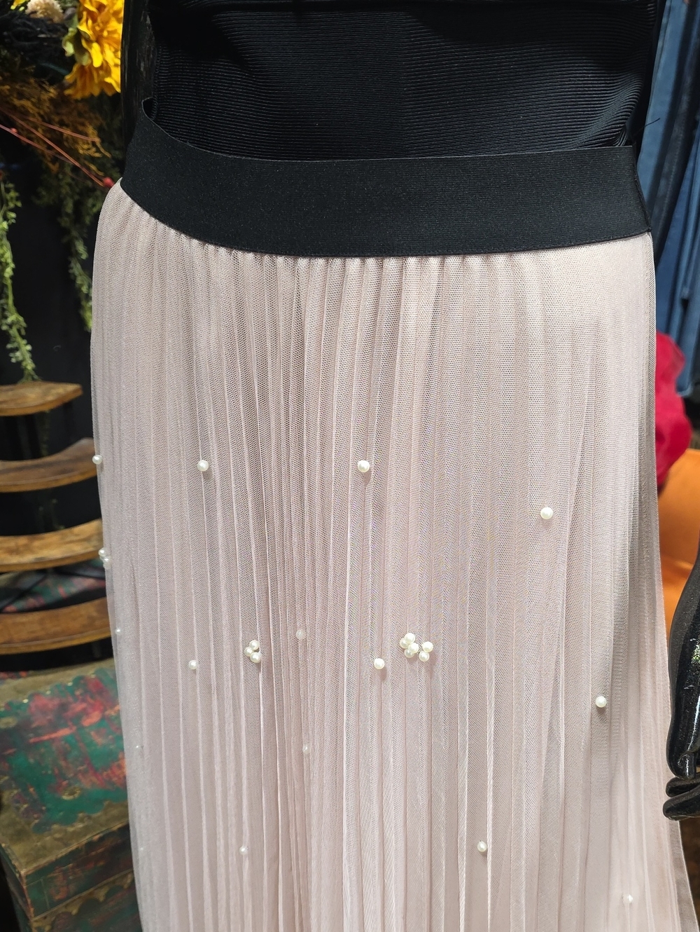 Boutique Pleated Blush Midi Skirt with Pearl Detail - Picture 4 of 8